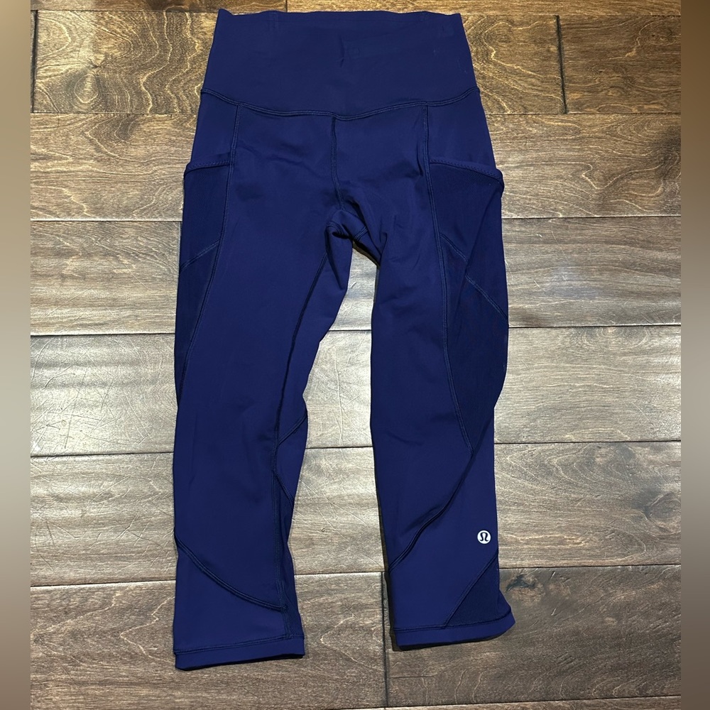 Lululemon Pace Rival Crop Leggings Blue Mesh Run Tights Size 4 Pockets